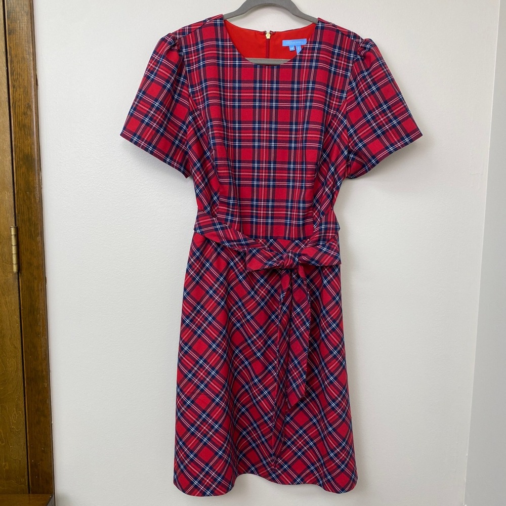 Draper James, Red Navy Tartan Plaid Short Sleeve Belted Dress DRW0601P Size 16 - Picture 2 of 9